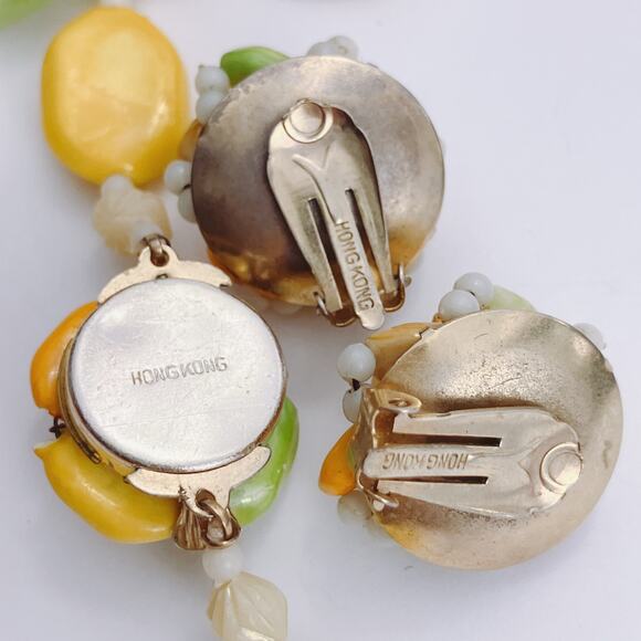 VTG Mid Century Necklace & Clip Earrings Set Beaded Pastel Stamped Hong Kong - Picture 8 of 12